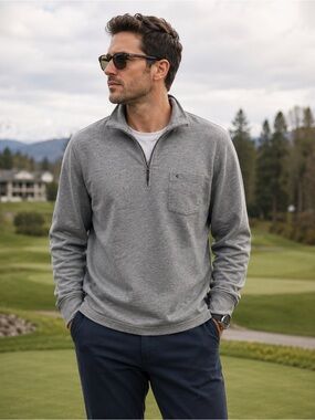 Criquet Organic Cotton Quarter Zip Pullover Gray Golf Pocket Sweater Men L
